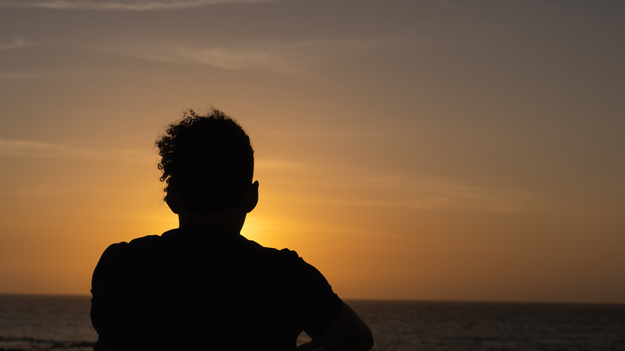 Silhouette of a person looking toward a sunset over the water