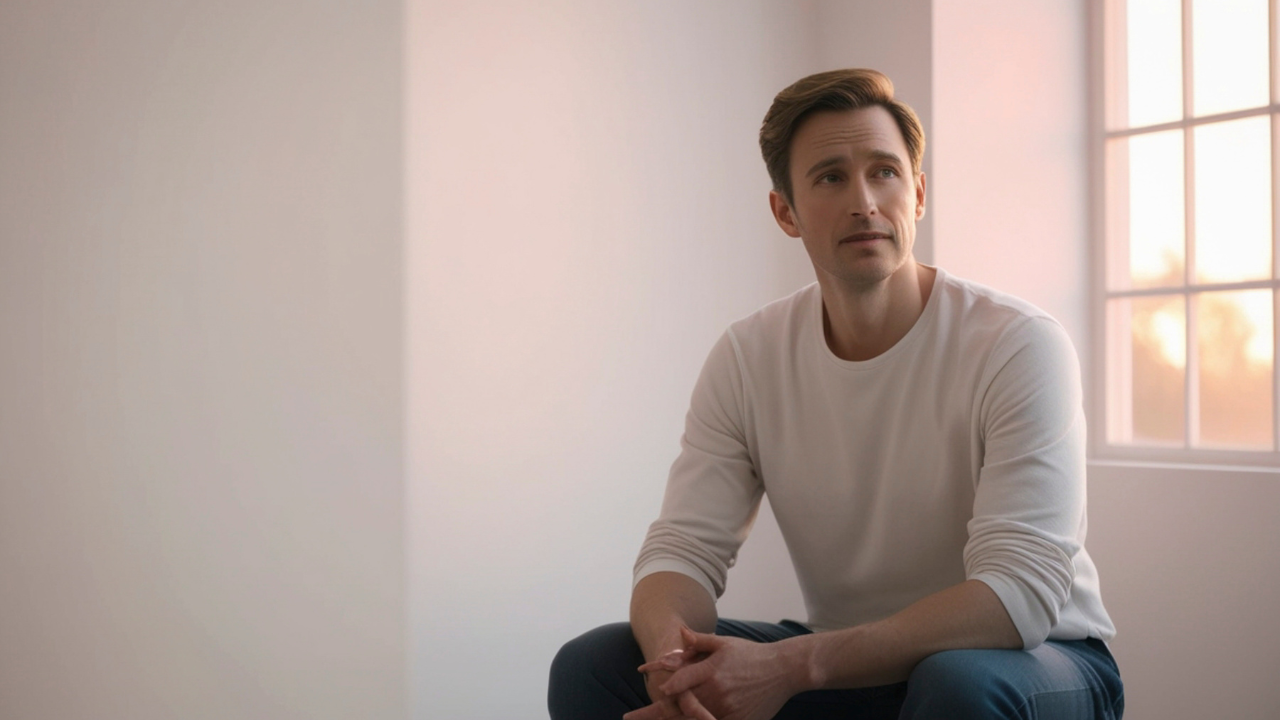 Man sitting quietly in a sunlit room, looking out the window in a moment of stillness